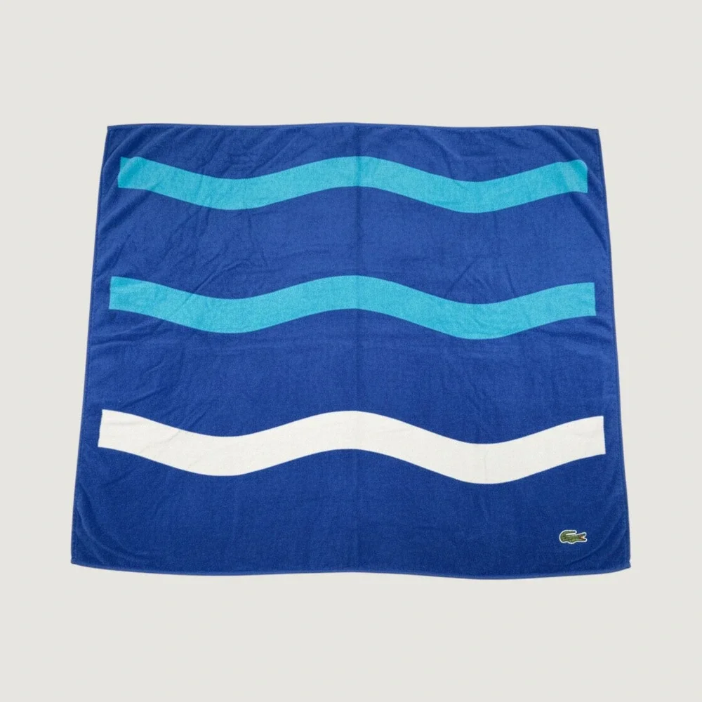 Lacoste Blue Wavy Stripe Beach Towel 100% Cotton Embroidered Logo 35x62 RN82817